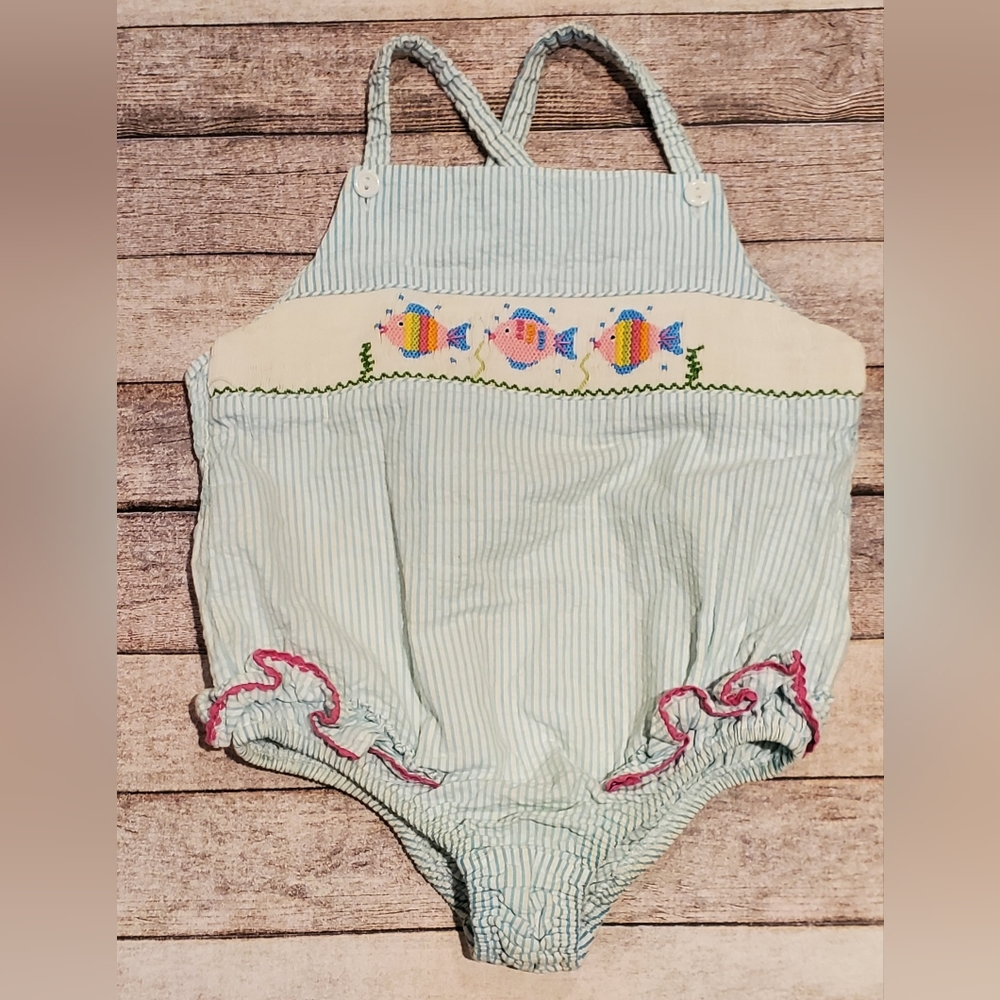 Silly Goose Hand Smocked Fish Romper Girls Size 4T